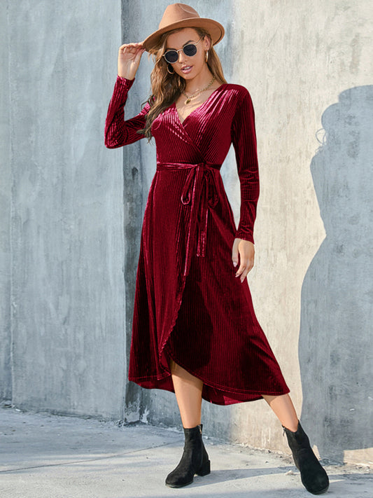 Gold Velvet Mid-Length Slit Dress – Strappy Design, Spring-Summer Style