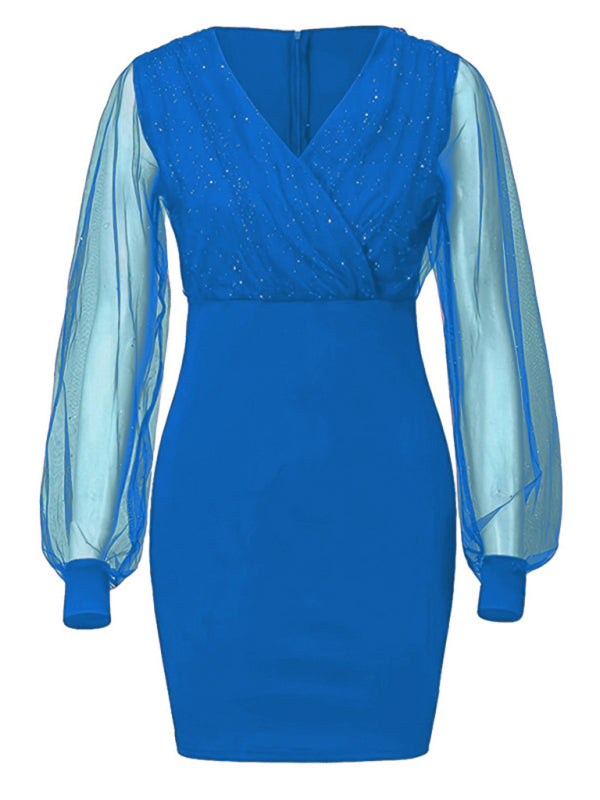 Mesh V-Neck Sequin Slim Dress – Long Sleeves, Spring-Summer Chic