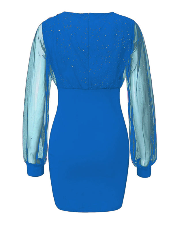 Mesh V-Neck Sequin Slim Dress – Long Sleeves, Spring-Summer Chic