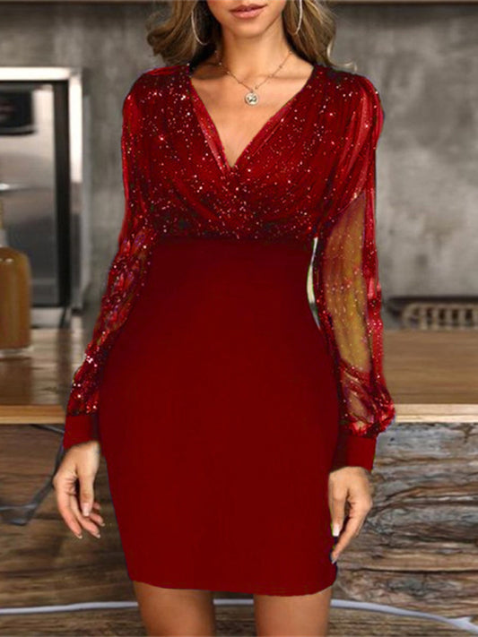Mesh V-Neck Sequin Slim Dress – Long Sleeves, Spring-Summer Chic