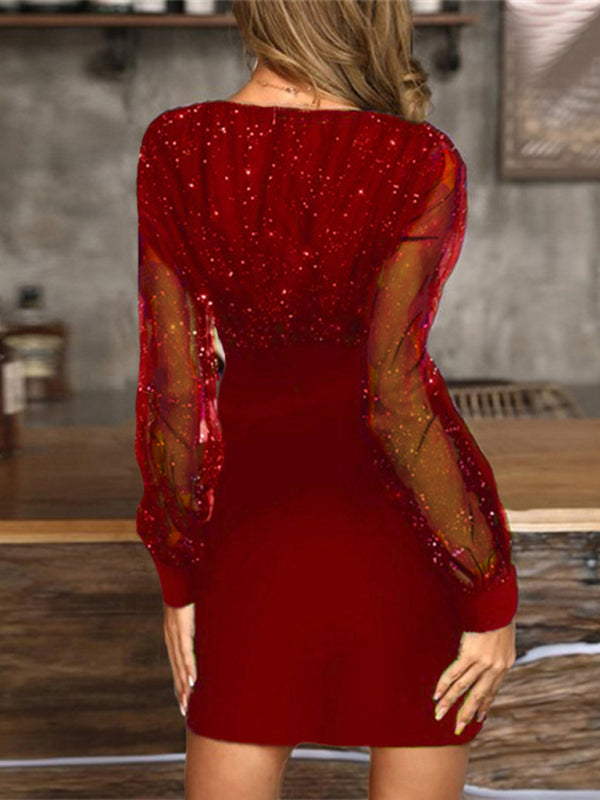 Mesh V-Neck Sequin Slim Dress – Long Sleeves, Spring-Summer Chic