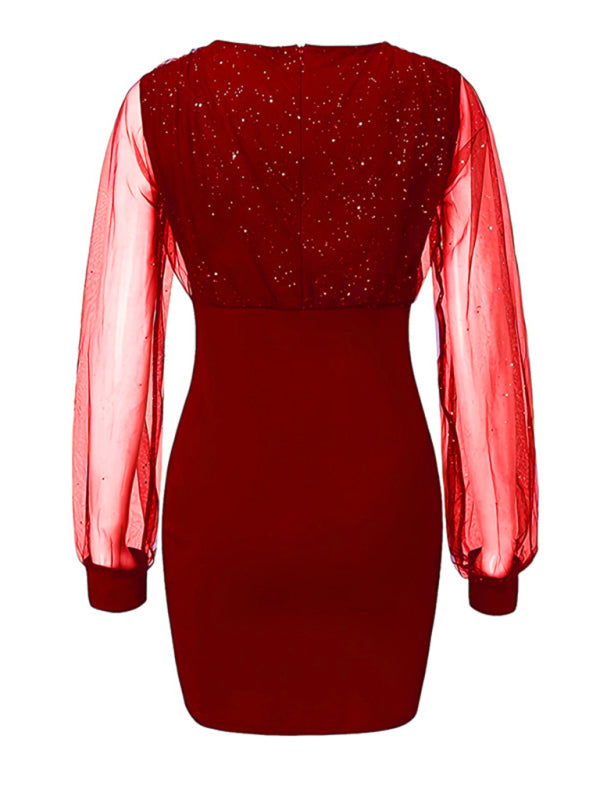 Mesh V-Neck Sequin Slim Dress – Long Sleeves, Spring-Summer Chic
