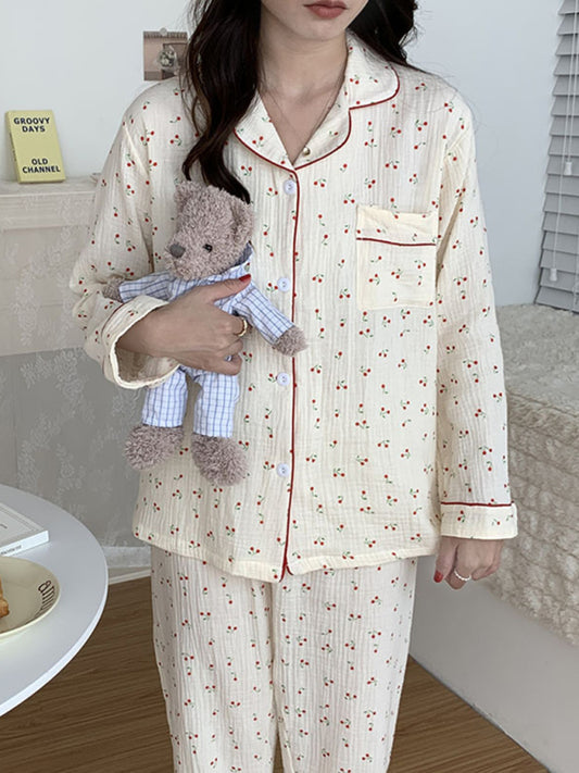 Sweet Cotton Gauze Pajama Set – Long Sleeve & Trousers Home Loungewear