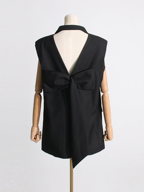Elegant French-Inspired Sleeveless Backless Dress with Waist Bow Detail