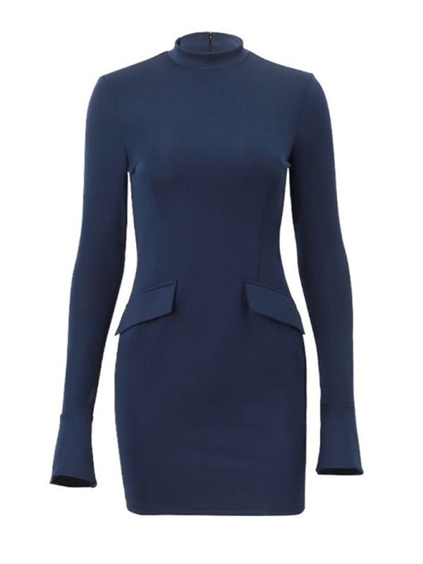 Slim Fit pika varrukaga kootud kleit – puusi rõhutav bodycon stiil
