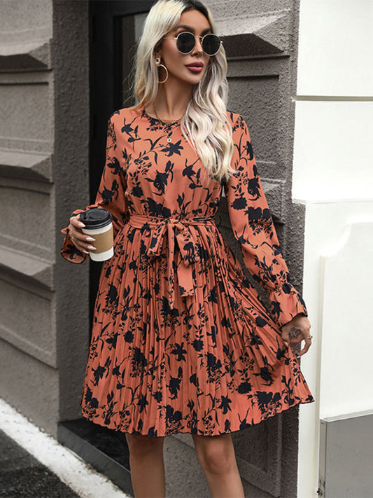 Bedrucktes Kleid mit langen Ärmeln und V-Ausschnitt – Autumn Floral Woven Midi