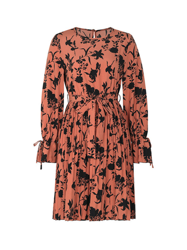 Bedrucktes Kleid mit langen Ärmeln und V-Ausschnitt – Autumn Floral Woven Midi