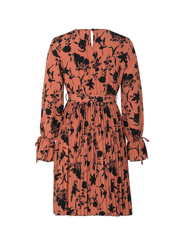 Bedrucktes Kleid mit langen Ärmeln und V-Ausschnitt – Autumn Floral Woven Midi