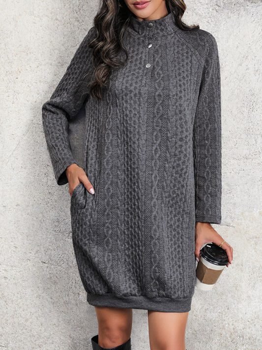 Long Sleeve Stand Collar Sweatshirt Dress – Charcoal Grey Leisure Knit