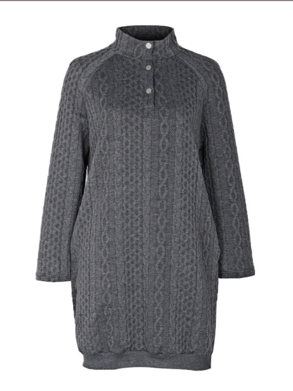 Long Sleeve Stand Collar Sweatshirt Dress – Charcoal Grey Leisure Knit