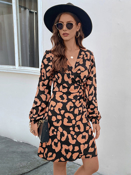 Graceful Long Sleeve V-Neck One-Piece Dress – Autumn-Winter Elegance