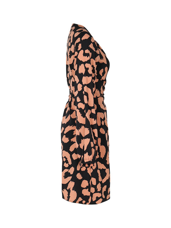 Graceful Long Sleeve V-Neck One-Piece Dress – Autumn-Winter Elegance