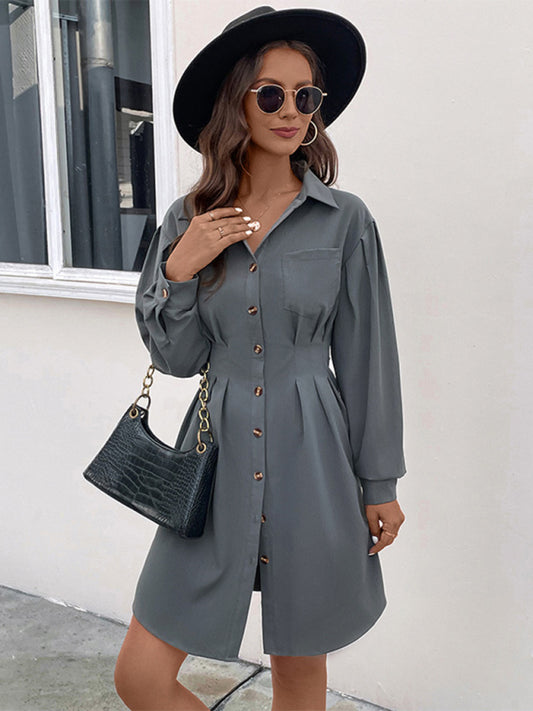 Dunkelgraues Langarm-Hemdkleid mit Knöpfen für Damen – Lockere Passform, Frühling-Sommer-Stil