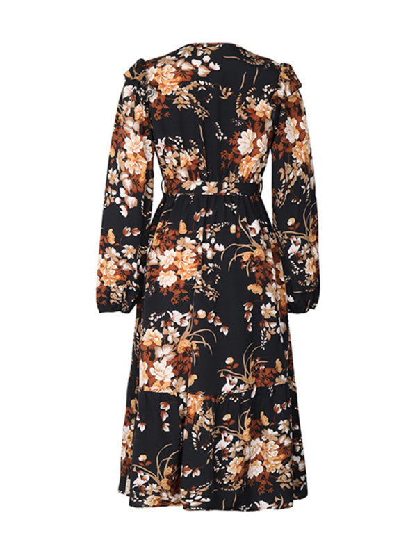 Floral Ruffle Belted Midi Dress