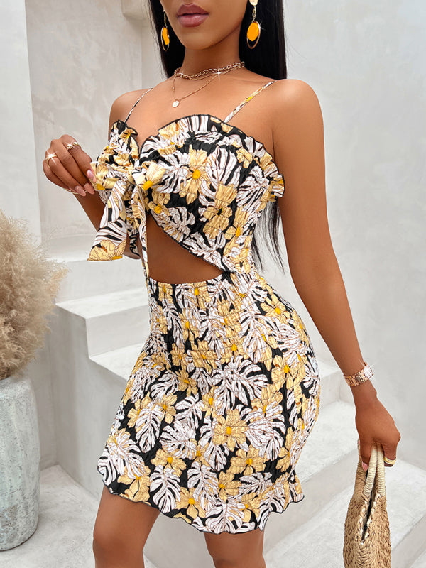 Floral Print Waist-Cinching Suspender Dress – Sexy Spring-Summer Look