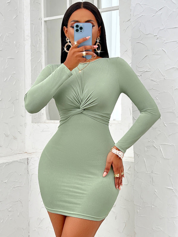 Twist-Front Long Sleeve Bodycon Dress – Round Neck, Knit Fit, Sexy Style