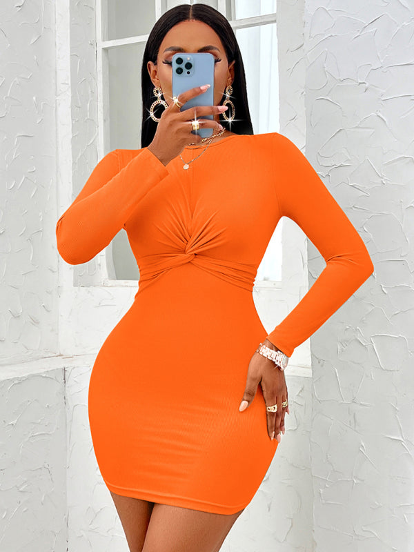 Twist-Front Long Sleeve Bodycon Dress – Round Neck, Knit Fit, Sexy Style