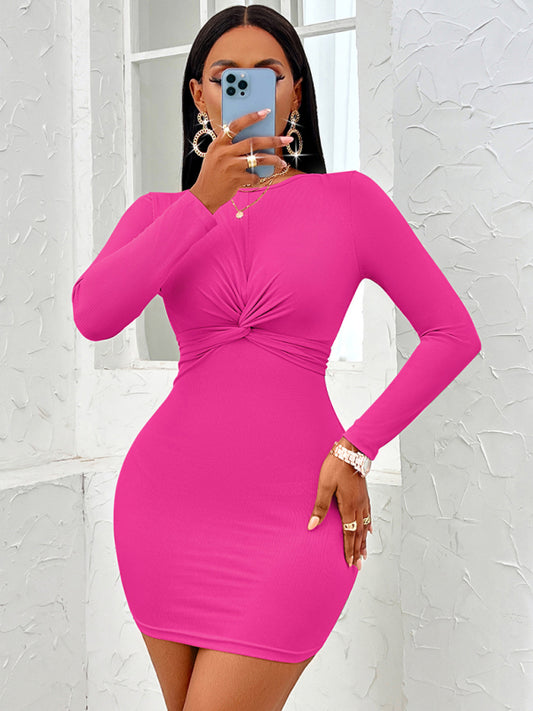Twist-Front Long Sleeve Bodycon Dress – Round Neck, Knit Fit, Sexy Style