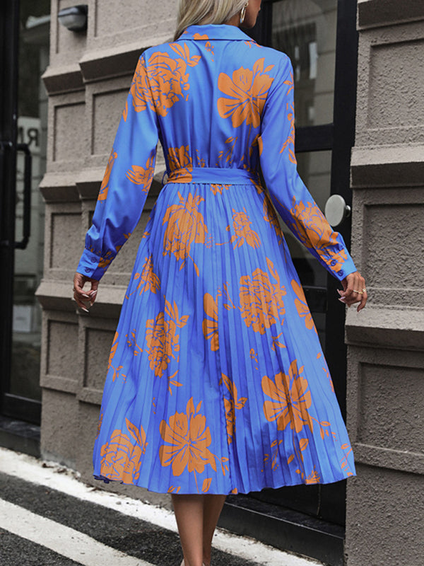 Floral V-Neck Contrast Waist Dress – Long Sleeve, Autumn-Winter Style