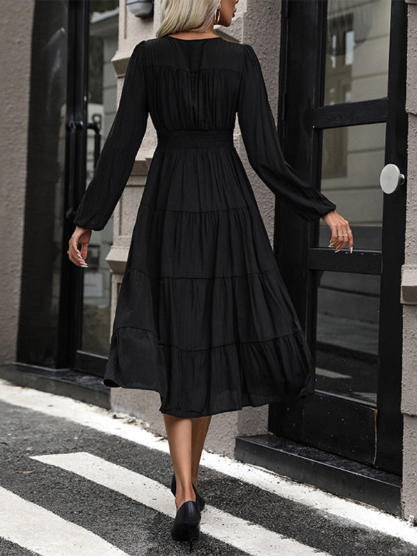 Elegant Black V-Neck Long Sleeve Dress – Graceful Fit & Woven Finish