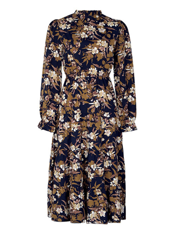 Retro Floral Long-Sleeve V-Neck Dress – Autumn Waist Detail