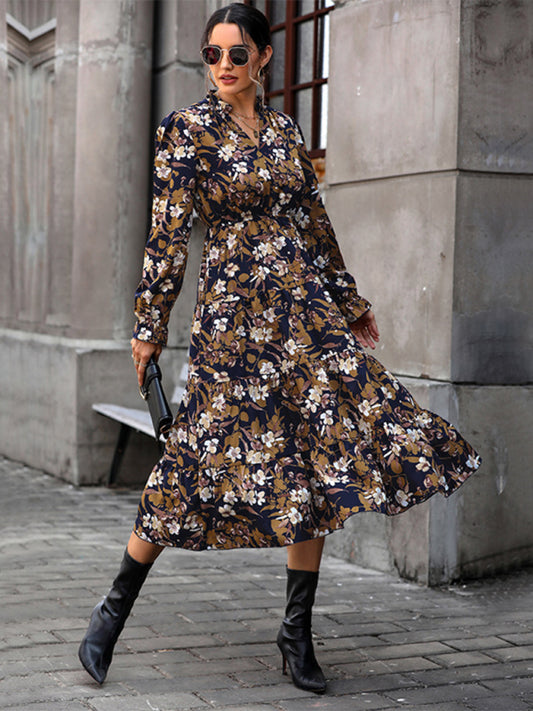 Retro Floral Long-Sleeve V-Neck Dress – Autumn Waist Detail
