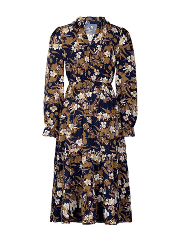 Retro Floral Long-Sleeve V-Neck Dress – Autumn Waist Detail