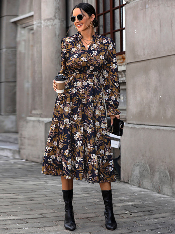 Retro Floral Long-Sleeve V-Neck Dress – Autumn Waist Detail