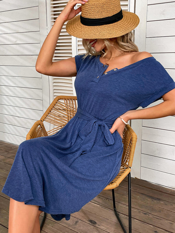 Damen Strick Midi Freizeitkleid – Kurzarm, Frühling-Sommer Freizeitstil