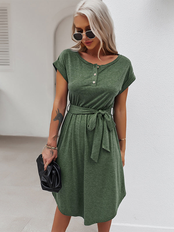 Damen Strick Midi Freizeitkleid – Kurzarm, Frühling-Sommer Freizeitstil