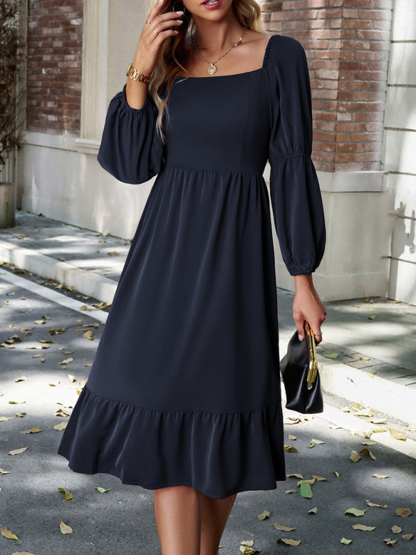 Elegant Square Neck Long Sleeve Midi Dress – Spring Summer Woven Design