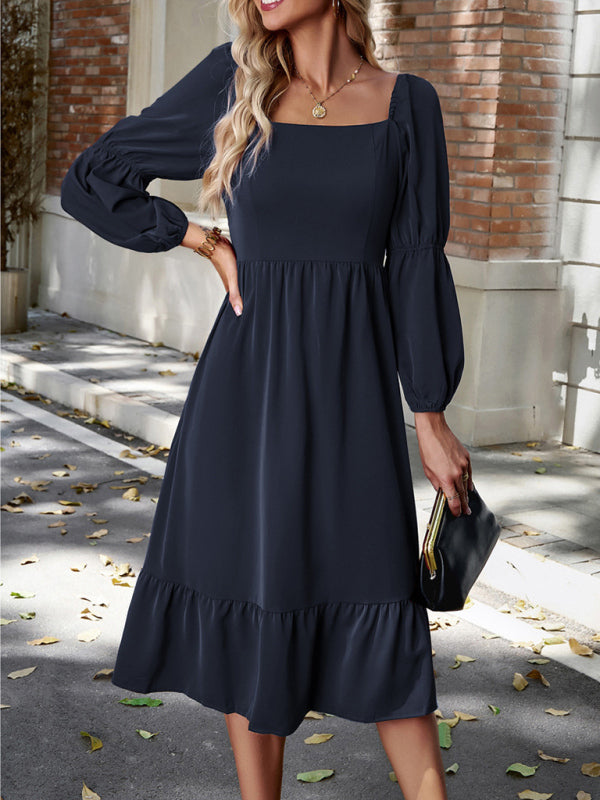 Elegant Square Neck Long Sleeve Midi Dress – Spring Summer Woven Design