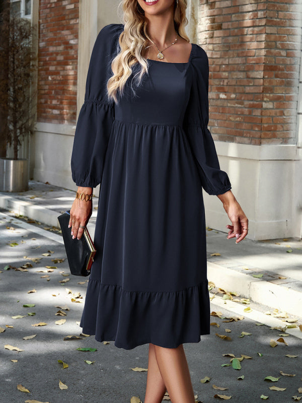Elegant Square Neck Long Sleeve Midi Dress – Spring Summer Woven Design
