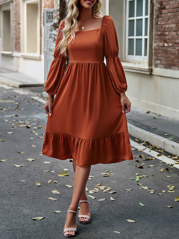Elegant Square Neck Long Sleeve Midi Dress – Spring Summer Woven Design