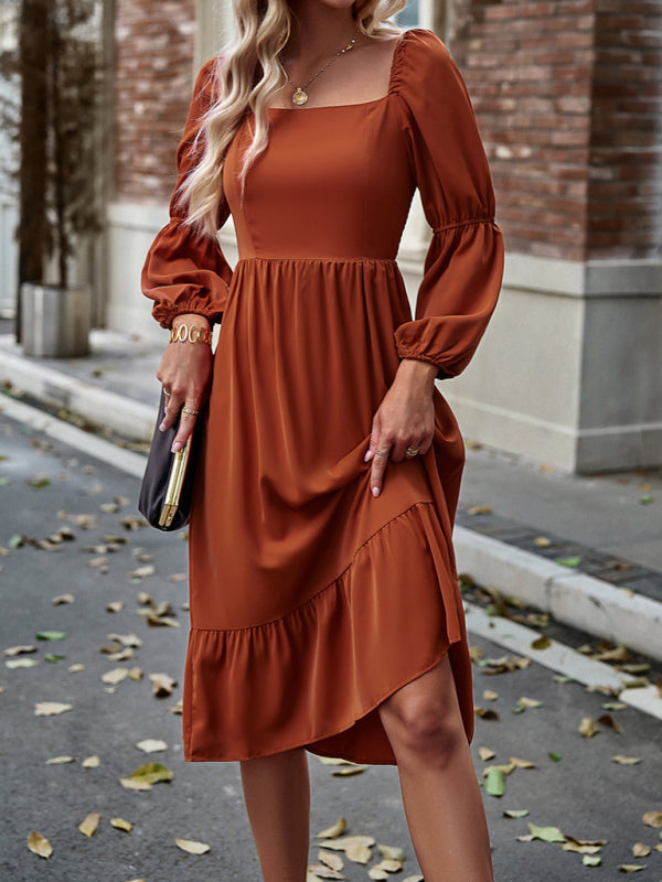 Elegant Square Neck Long Sleeve Midi Dress – Spring Summer Woven Design