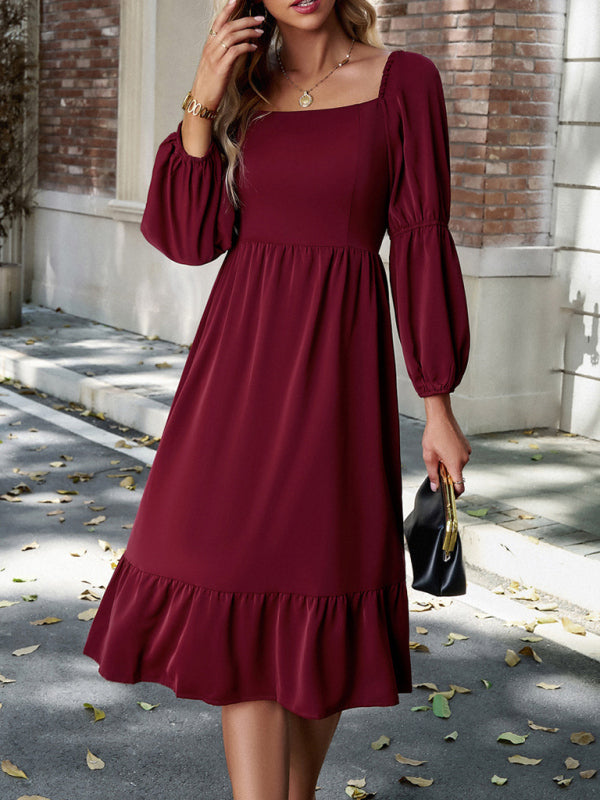 Elegant Square Neck Long Sleeve Midi Dress – Spring Summer Woven Design