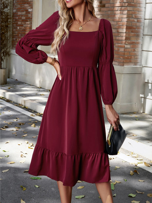 Elegant Square Neck Long Sleeve Midi Dress – Spring Summer Woven Design