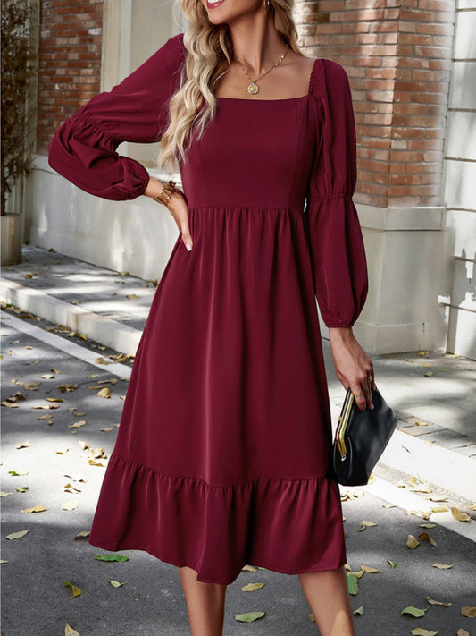 Elegant Square Neck Long Sleeve Midi Dress – Spring Summer Woven Design