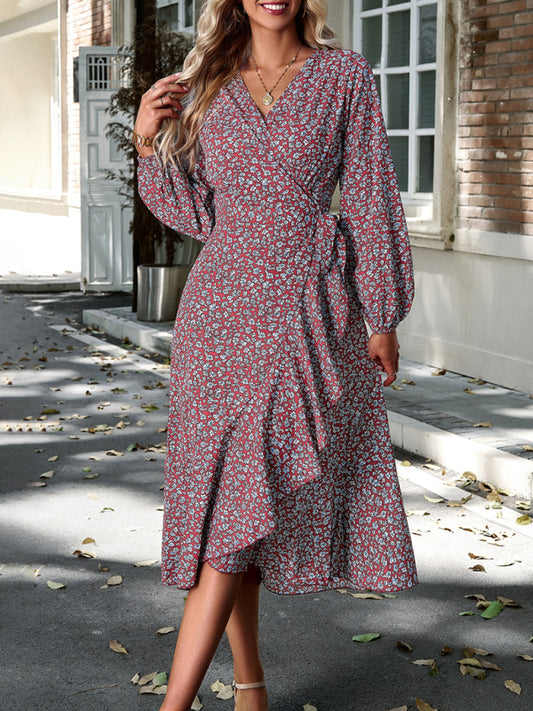 Floral Resort Wrap Midi Dress - Strappy Boho Silhouette With Full Skirt