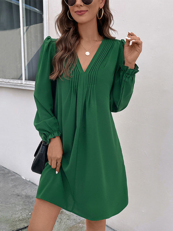 V-Neck Smocked Long-Sleeve Dress – Graceful Fit, Woven Polyester, Spring-Ready