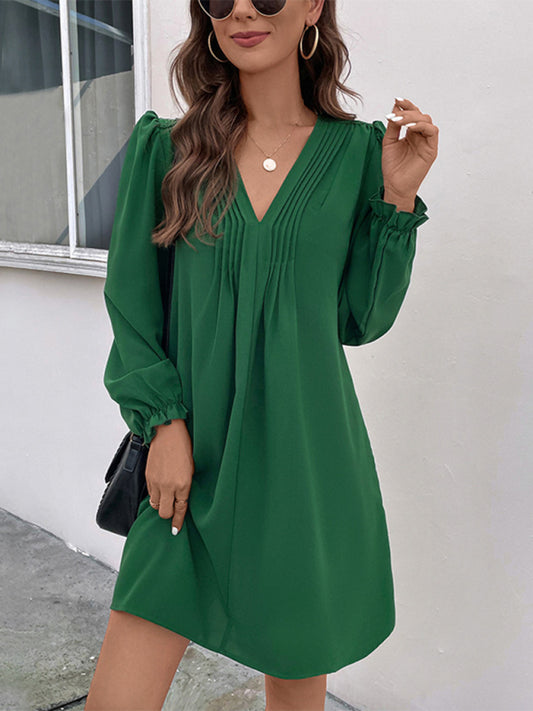 V-Neck Smocked Long-Sleeve Dress – Graceful Fit, Woven Polyester, Spring-Ready