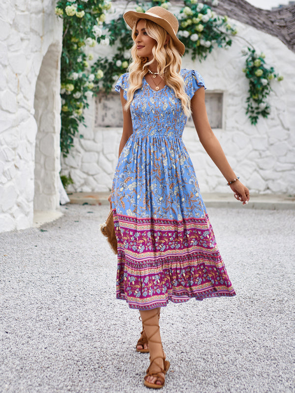 Bohemian V-Neck Floral Maxi Dress with Flying Sleeves – Lightweight & Flowy