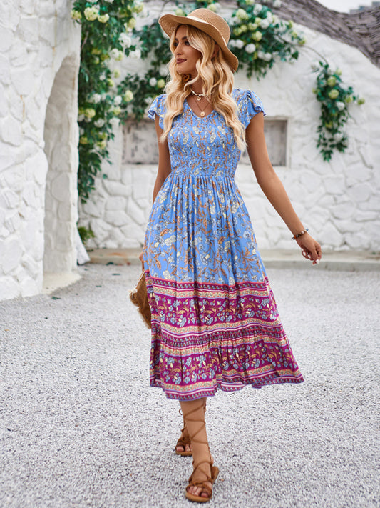 Bohemian V-Neck Floral Maxi Dress with Flying Sleeves – Lightweight & Flowy