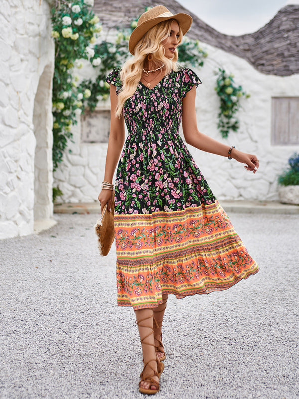 Bohemian V-Neck Floral Maxi Dress with Flying Sleeves – Lightweight & Flowy