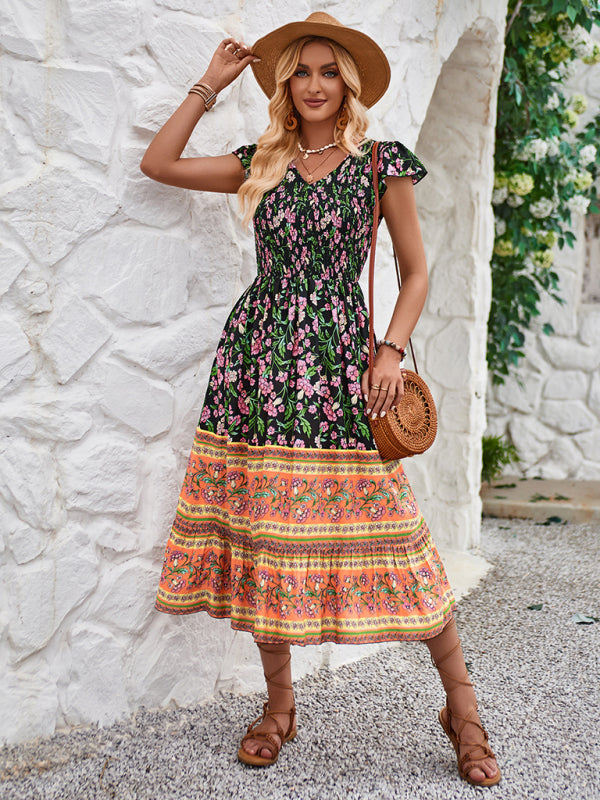 Bohemian V-Neck Floral Maxi Dress with Flying Sleeves – Lightweight & Flowy