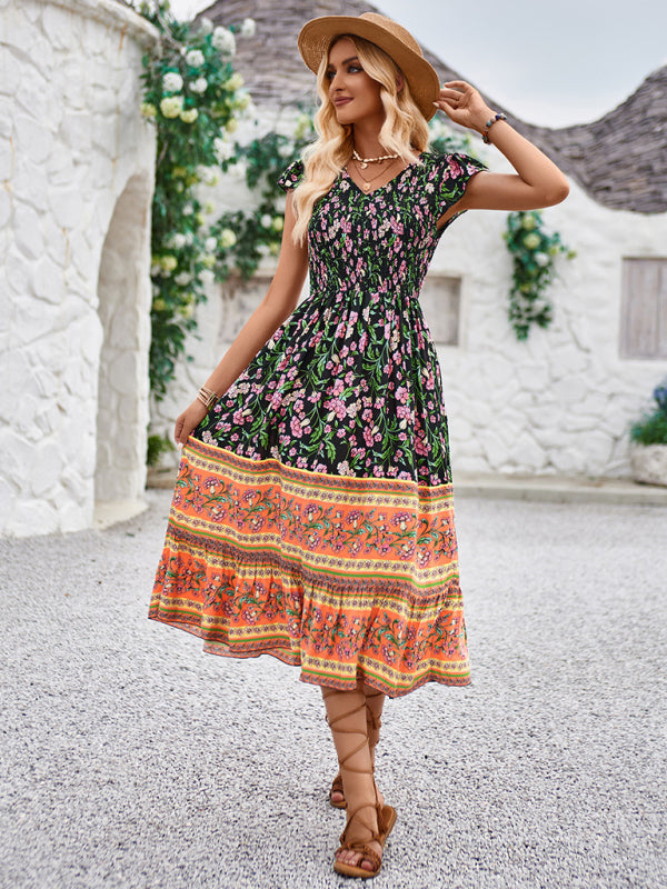 Bohemian V-Neck Floral Maxi Dress with Flying Sleeves – Lightweight & Flowy