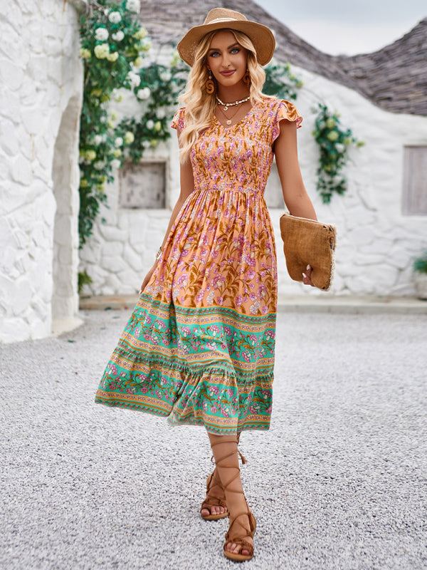 Bohemian V-Neck Floral Maxi Dress with Flying Sleeves – Lightweight & Flowy