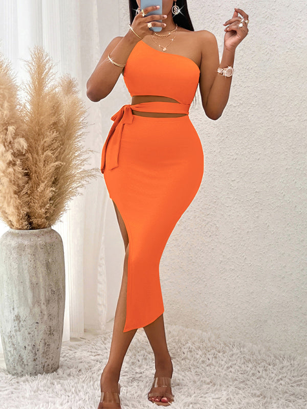 Knitted Off-Shoulder Bodycon Dress – Tie Waist, Midi Length, Spring-Summer