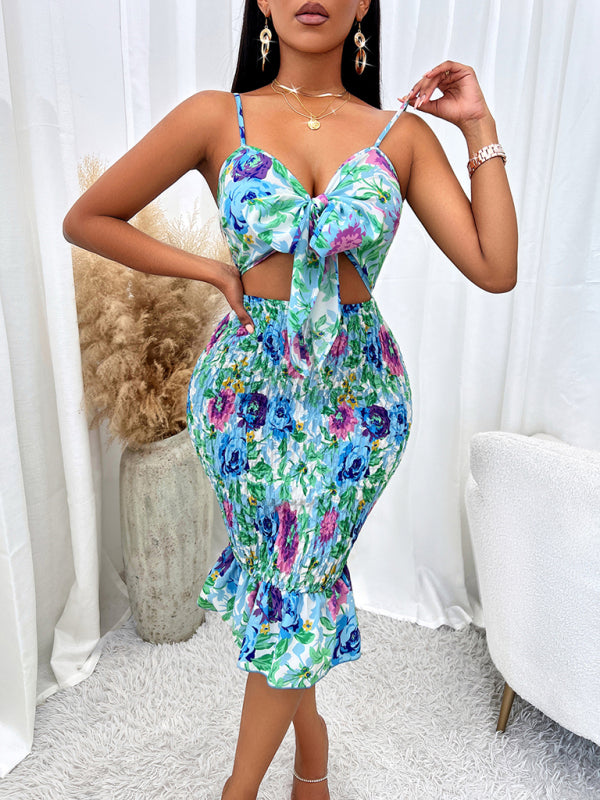 Floral Hip-Hugging Hollow Strap Dress – Sexy Summer Bodycon Mini