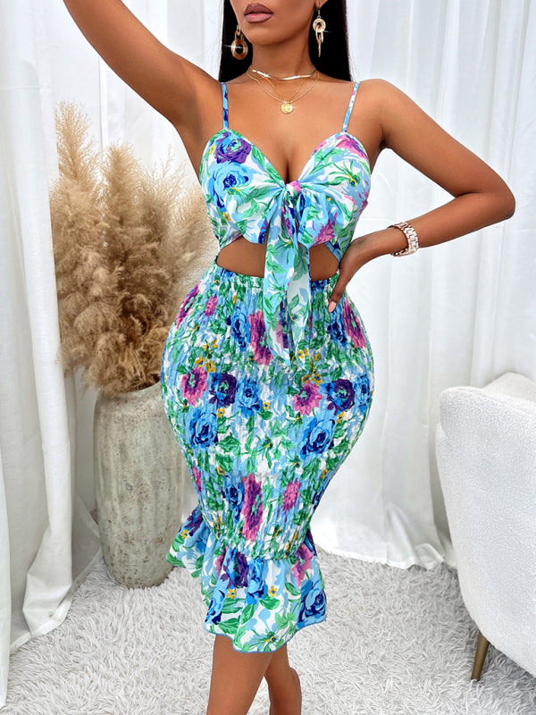 Floral Hip-Hugging Hollow Strap Dress – Sexy Summer Bodycon Mini